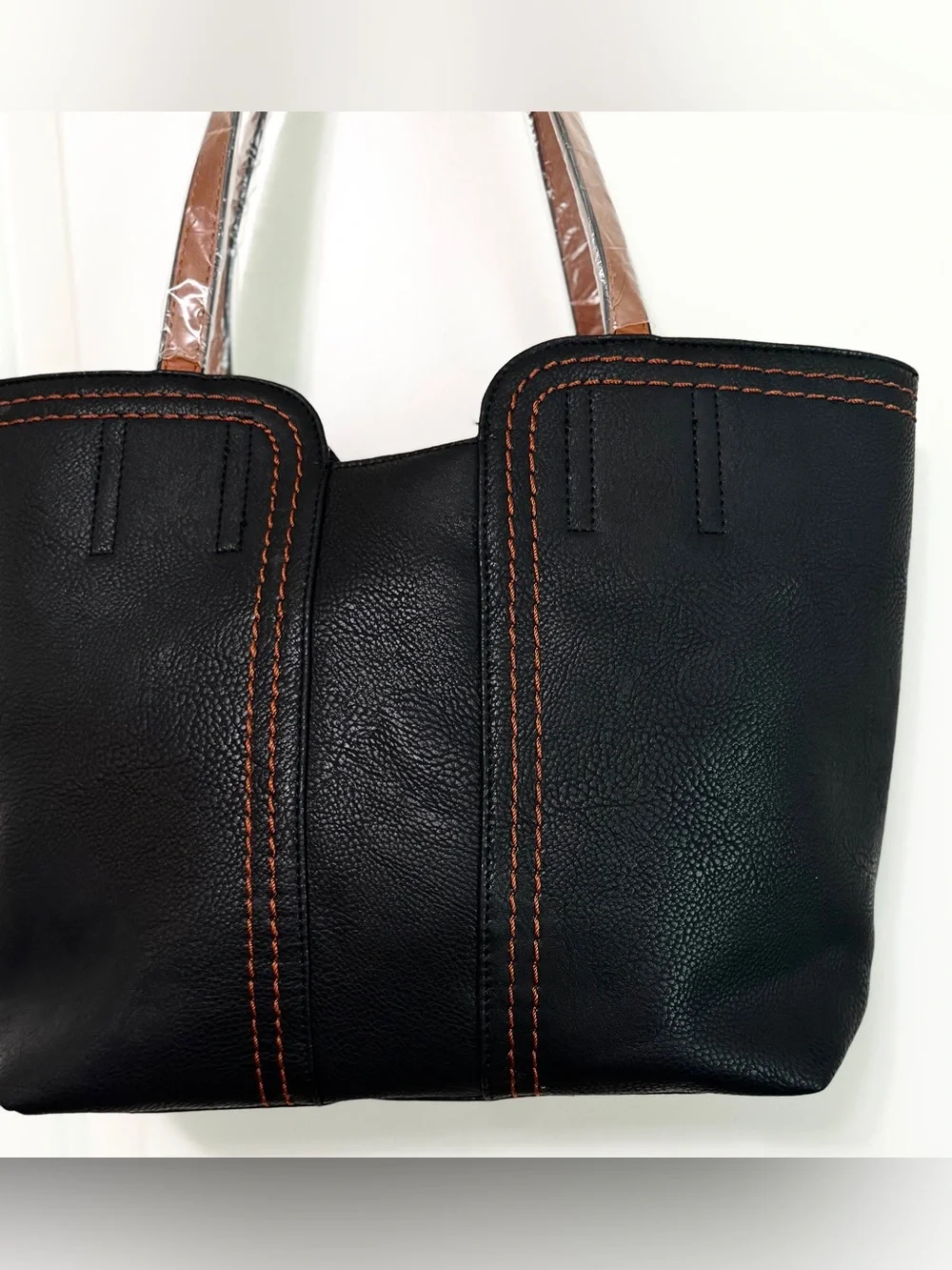 Montana West Black Tote Shoulder Bag Contrast Stitch Vegan Leather Zip Top - Picture 10 of 16
